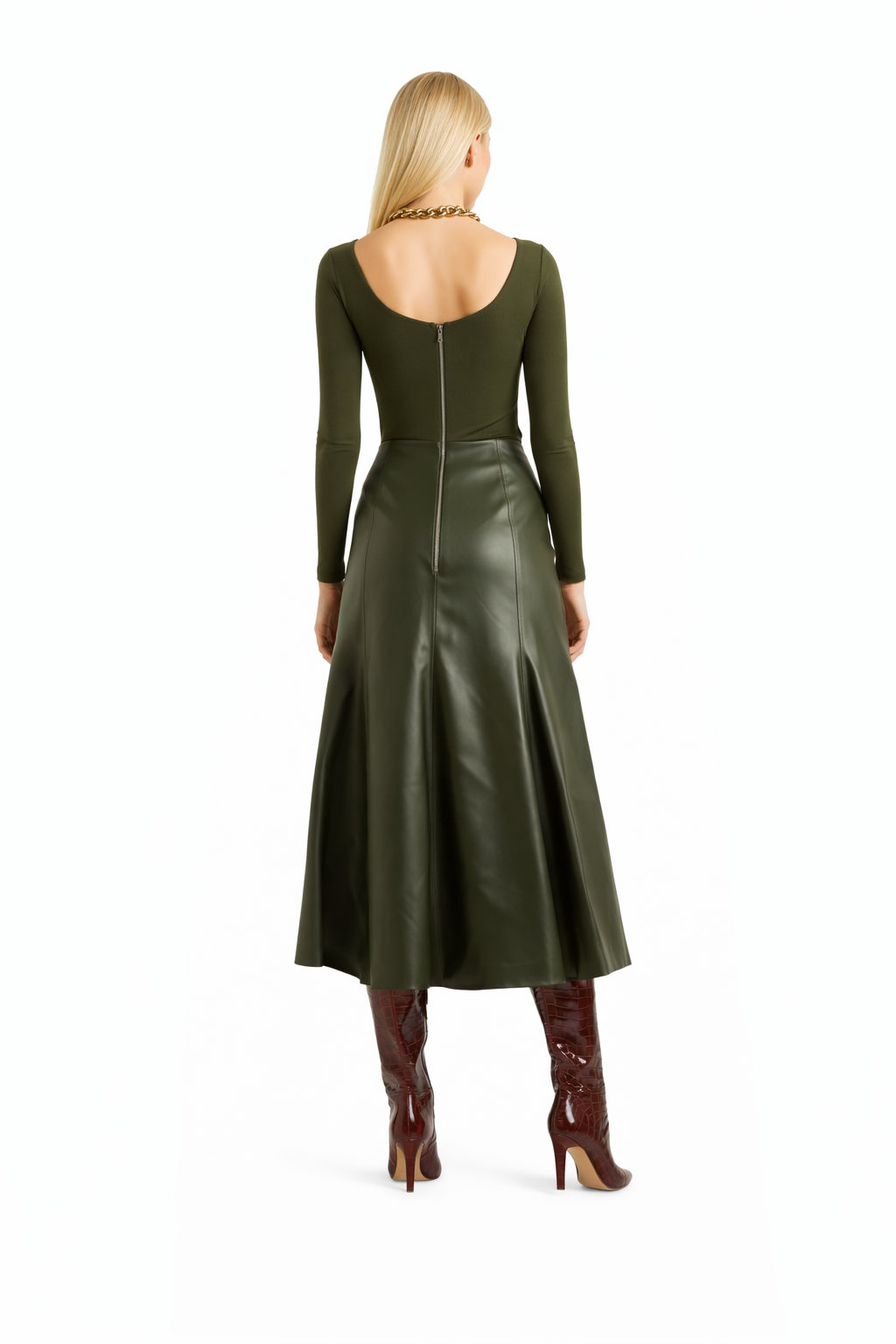 Genuine Lambskin Leather Midi Skirt