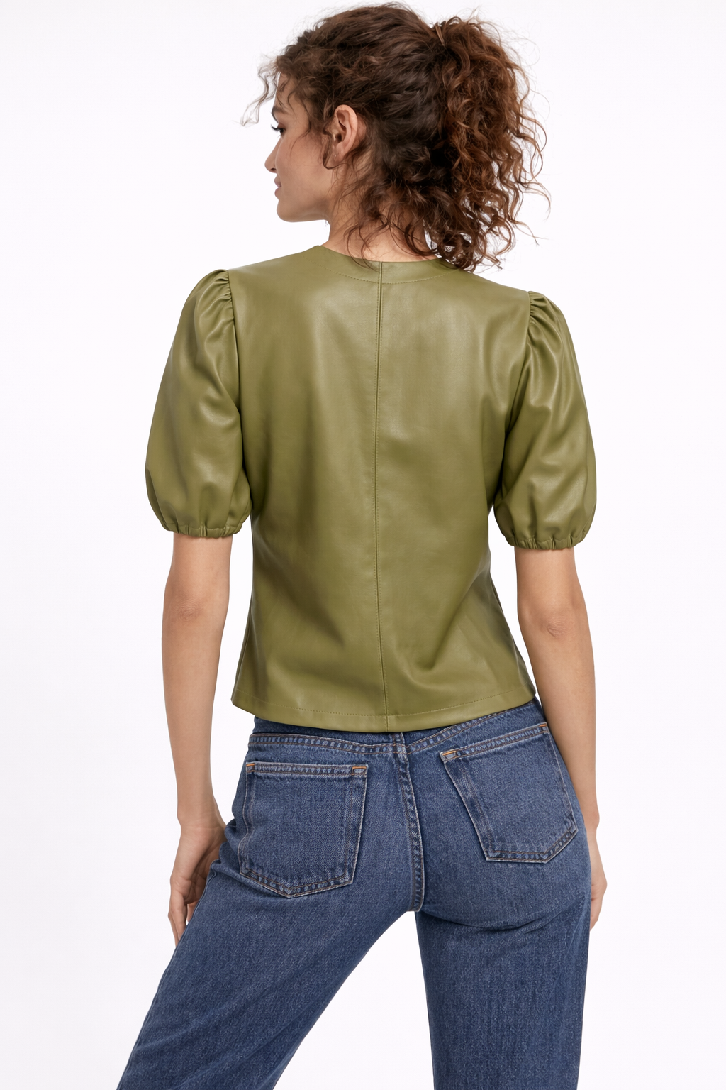 Genuine Lambskin Leather Puff Sleeve Top