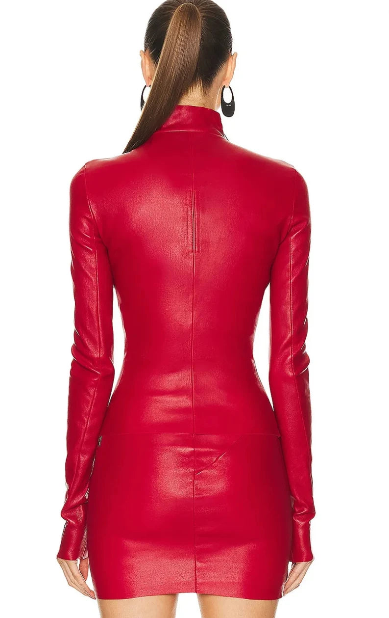 Red Lambskin Leather Mini Dress