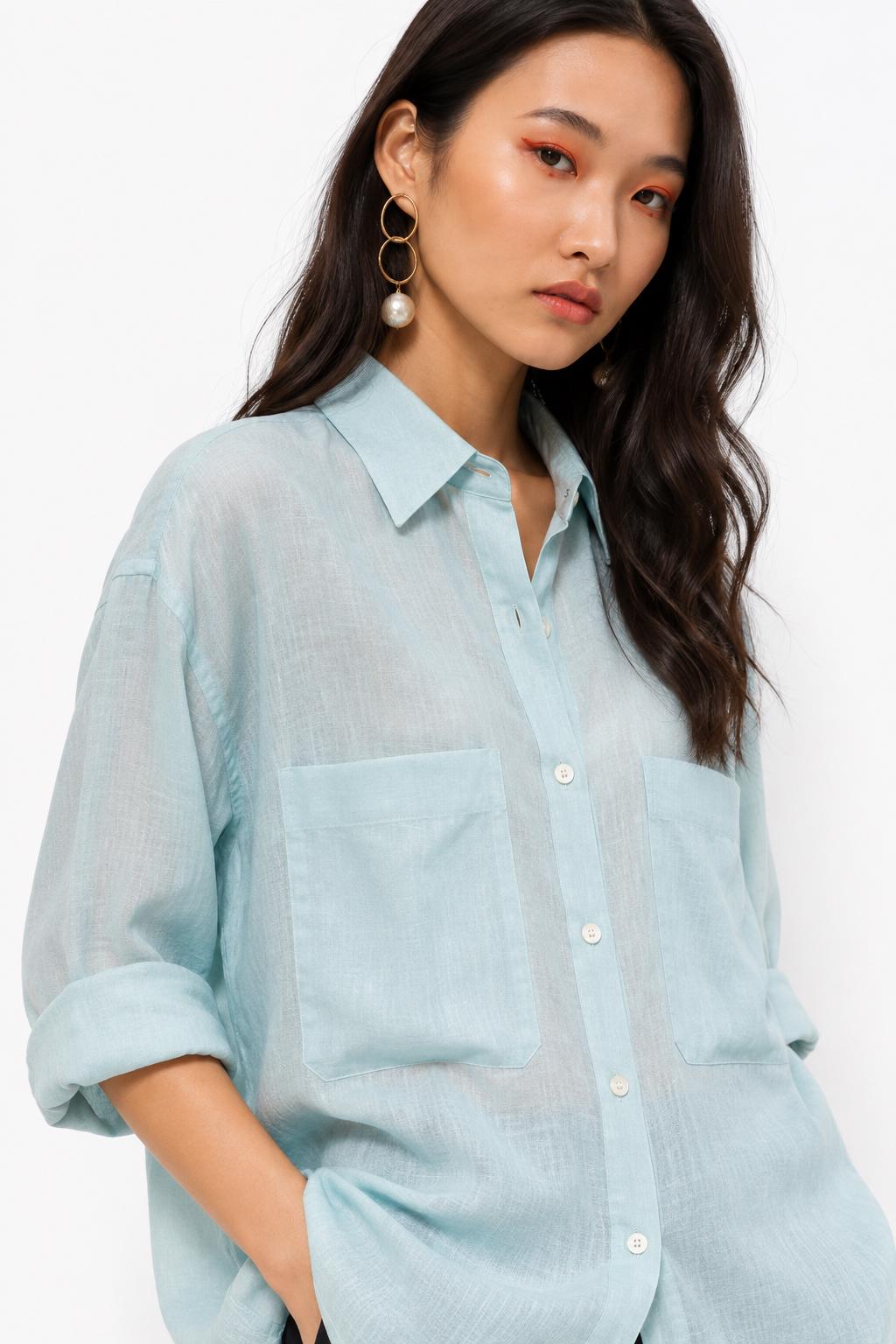 Oversized Linen Shirt, Light Rama Green Button-Down Blouse, Relaxed Fit Top