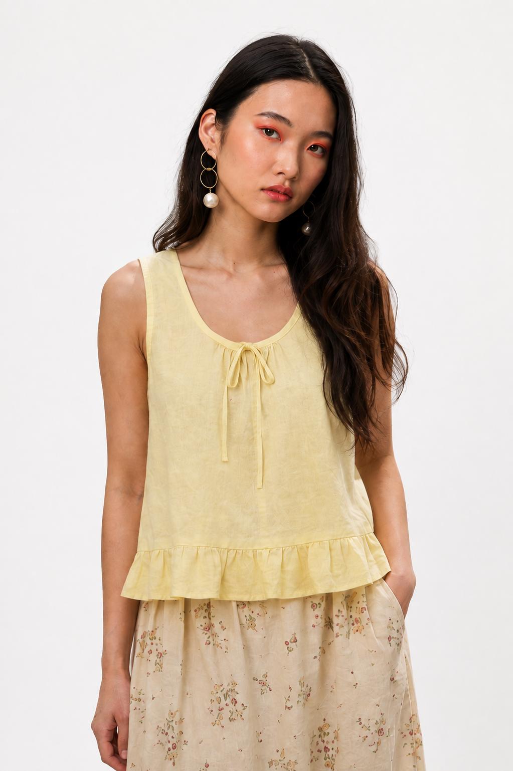 XS Light Yellow Linen Peplum Top | Sleeveless Ruffle Hem Summer Blouse