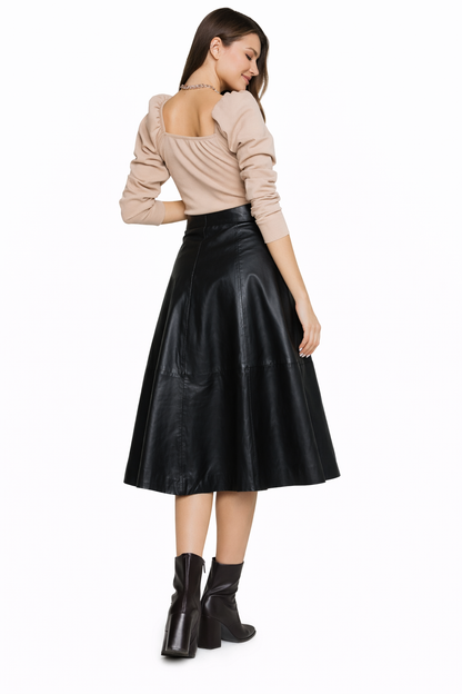 Black Leather A-Line Midi Skirt