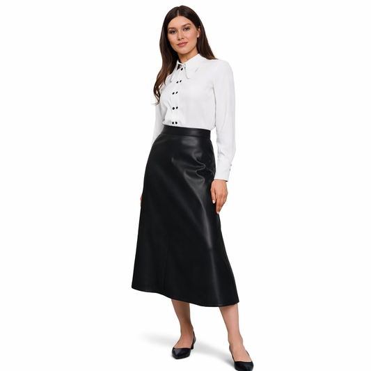 Genuine Lambskin Leather A-Line Midi Skirt