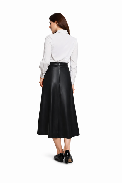 Genuine Lambskin Leather A-Line Midi Skirt