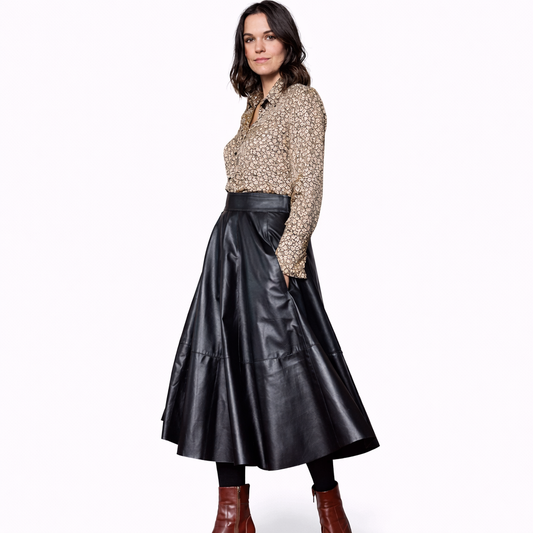 Genuine Lambskin Leather A-Line Midi Skirt