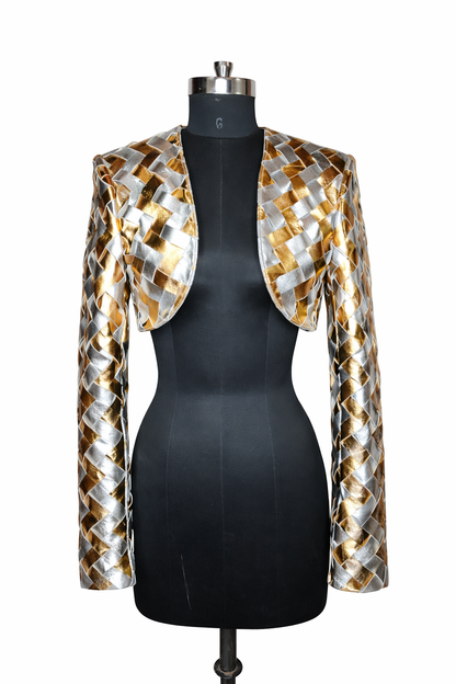 Genuine Lambskin Leather Metallic Hand-Woven Jacket