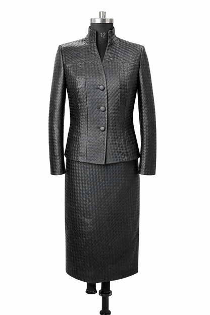Genuine Lambskin Leather Hand-Woven Jacket & Skirt Set