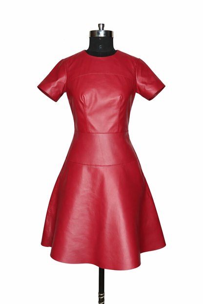 Genuine Lambskin Leather Red Fit & Flare Dress