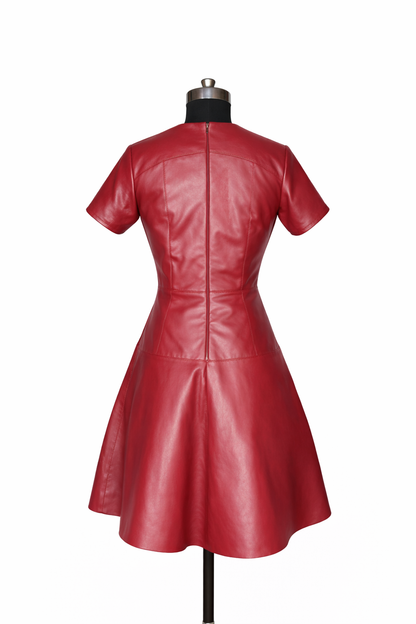 Genuine Lambskin Leather Red Fit & Flare Dress