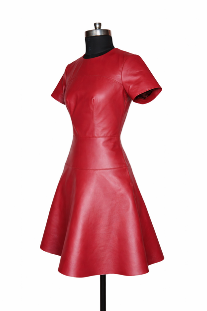Genuine Lambskin Leather Red Fit & Flare Dress