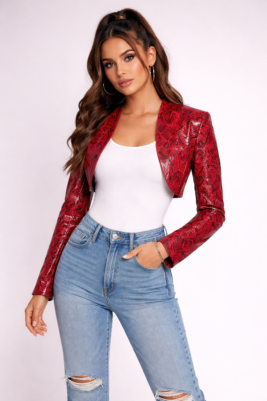 Genuine Lambskin Leather Snake Print Cropped Bolero Jackets