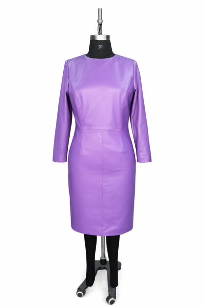 Genuine Lambskin Leather Purple Sheath Dress