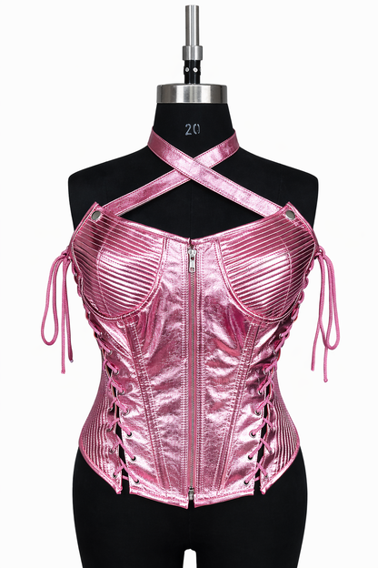 Metallic Pink Genuine Lambskin Leather Corset Top