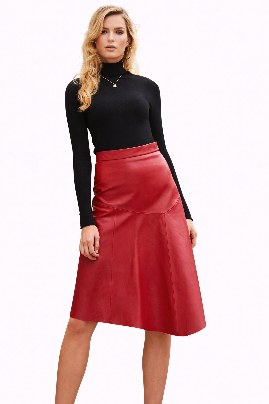 Genuine Lambskin Leather Red A-Line Skirt