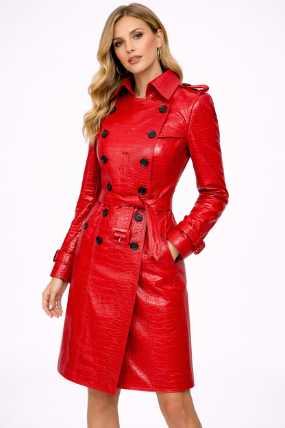 Genuine Lambskin Leather Red Trench Coat