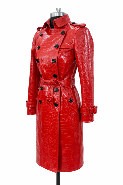 Genuine Lambskin Leather Red Trench Coat