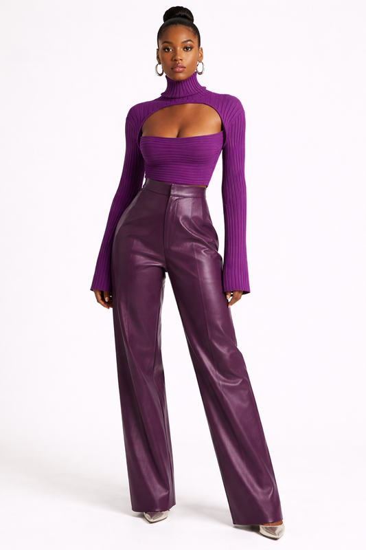 Genuine Lambskin Leather High-Waist Wide Leg Pants