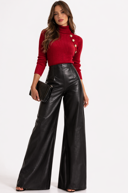 Genuine Lambskin Leather Wide Leg Pants