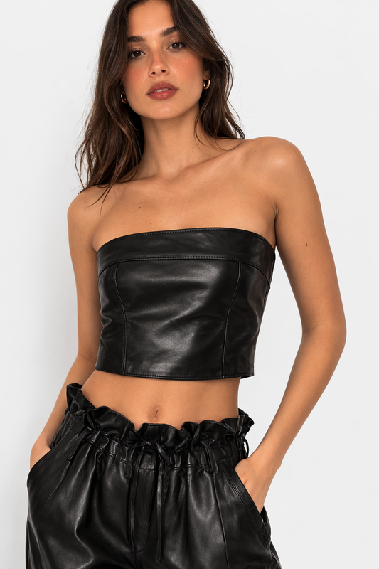 Genuine Lambskin Leather Strapless Crop Top