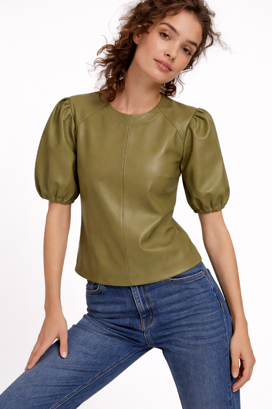 Genuine Lambskin Leather Puff Sleeve Top