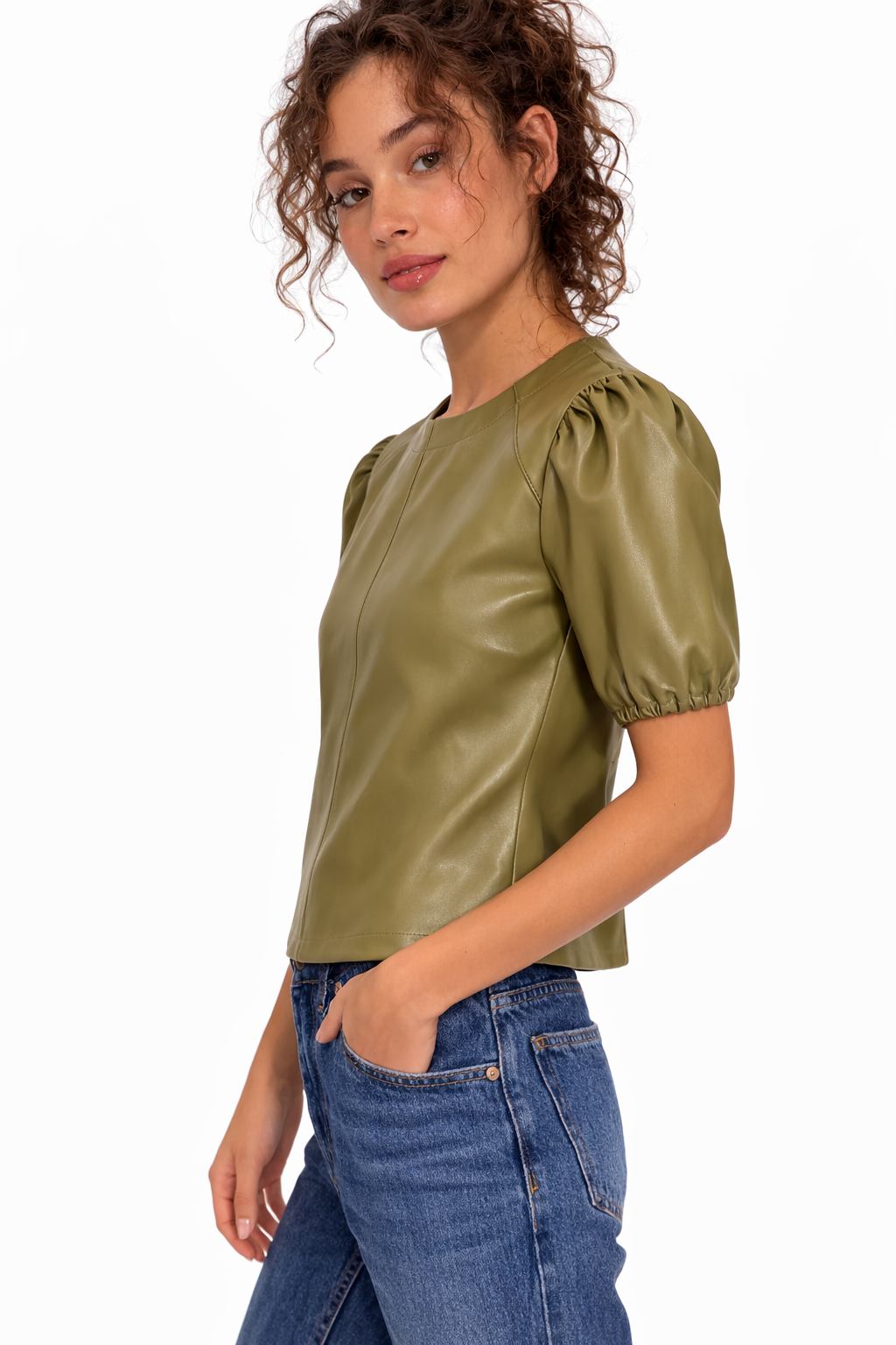 Genuine Lambskin Leather Puff Sleeve Top