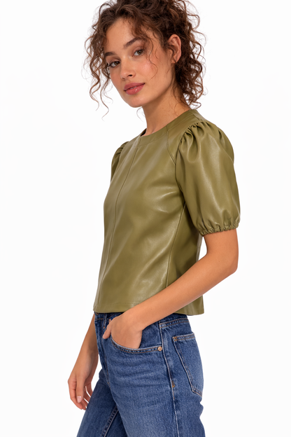 Genuine Lambskin Leather Puff Sleeve Top