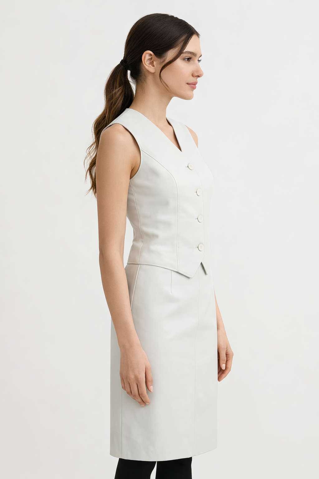 Genuine Lambskin Leather Sleeveless Vest & Pencil Skirt Set