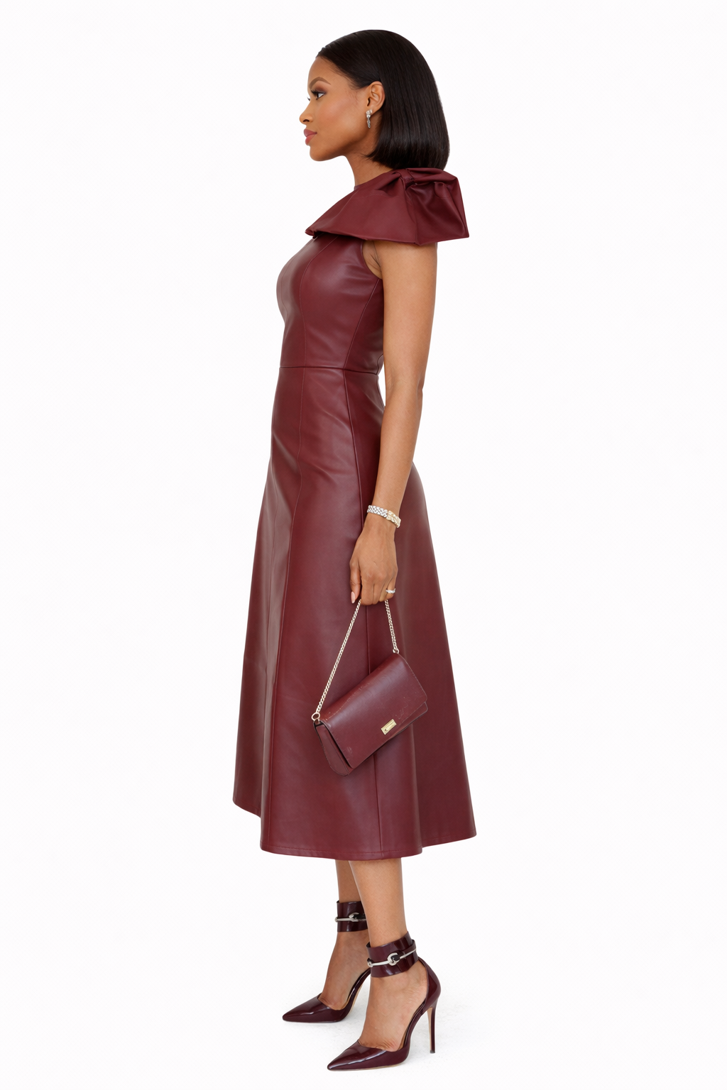Genuine Lambskin Leather Burgundy Midi Dress