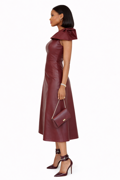 Genuine Lambskin Leather Burgundy Midi Dress