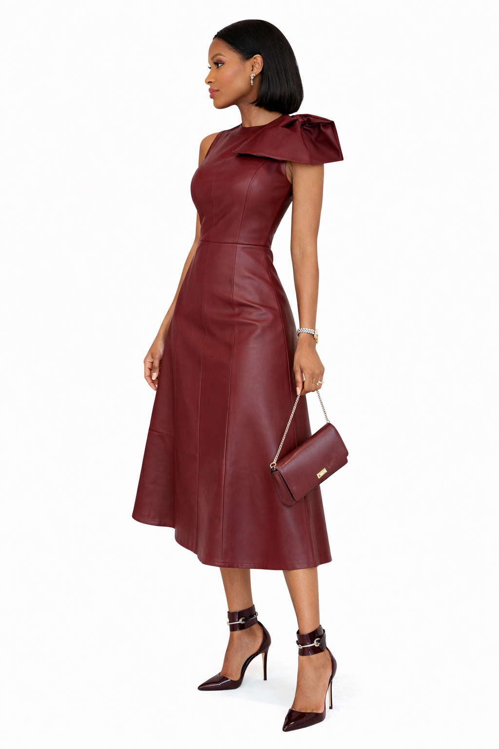 Genuine Lambskin Leather Burgundy Midi Dress