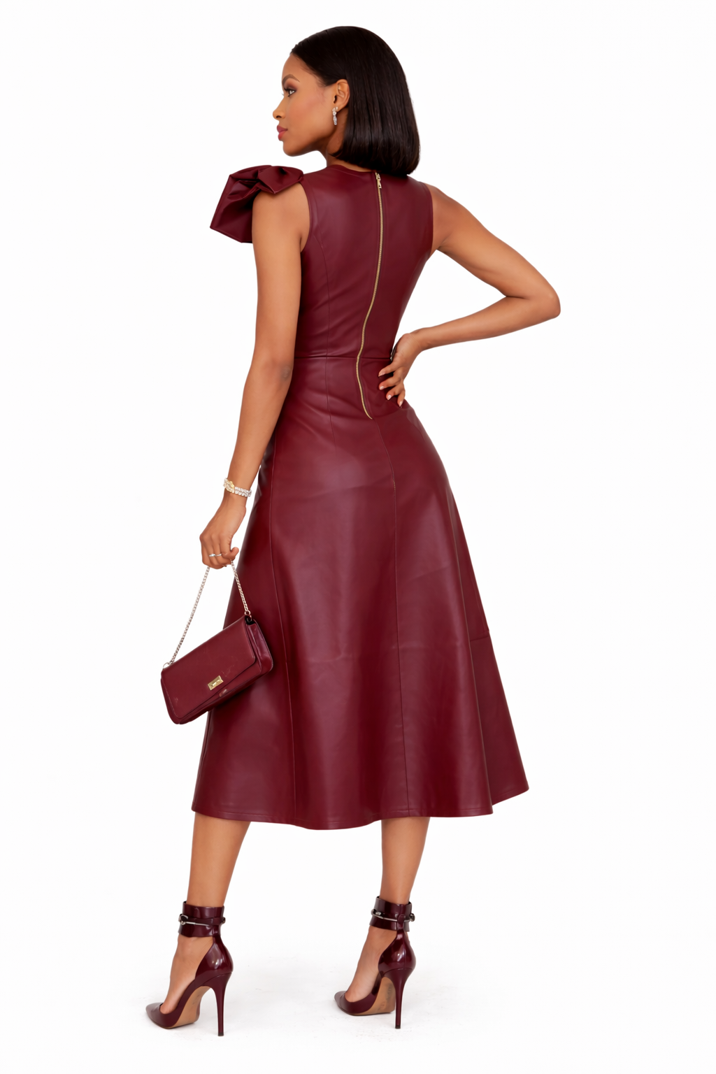 Genuine Lambskin Leather Burgundy Midi Dress