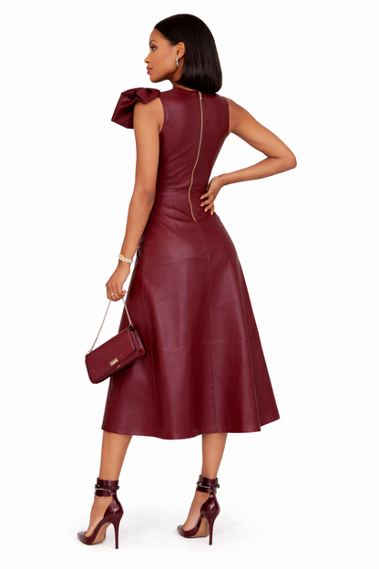 Genuine Lambskin Leather Burgundy Midi Dress
