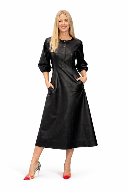 Genuine Lambskin Leather Midi Dress