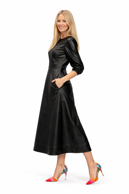 Genuine Lambskin Leather Midi Dress
