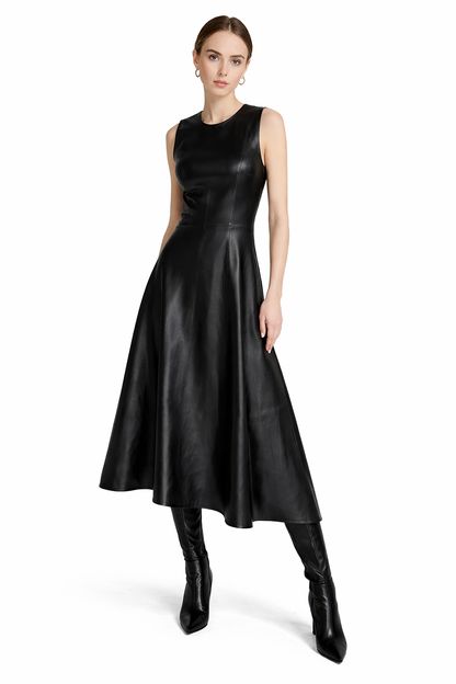 Genuine Lambskin Leather Midi Dress