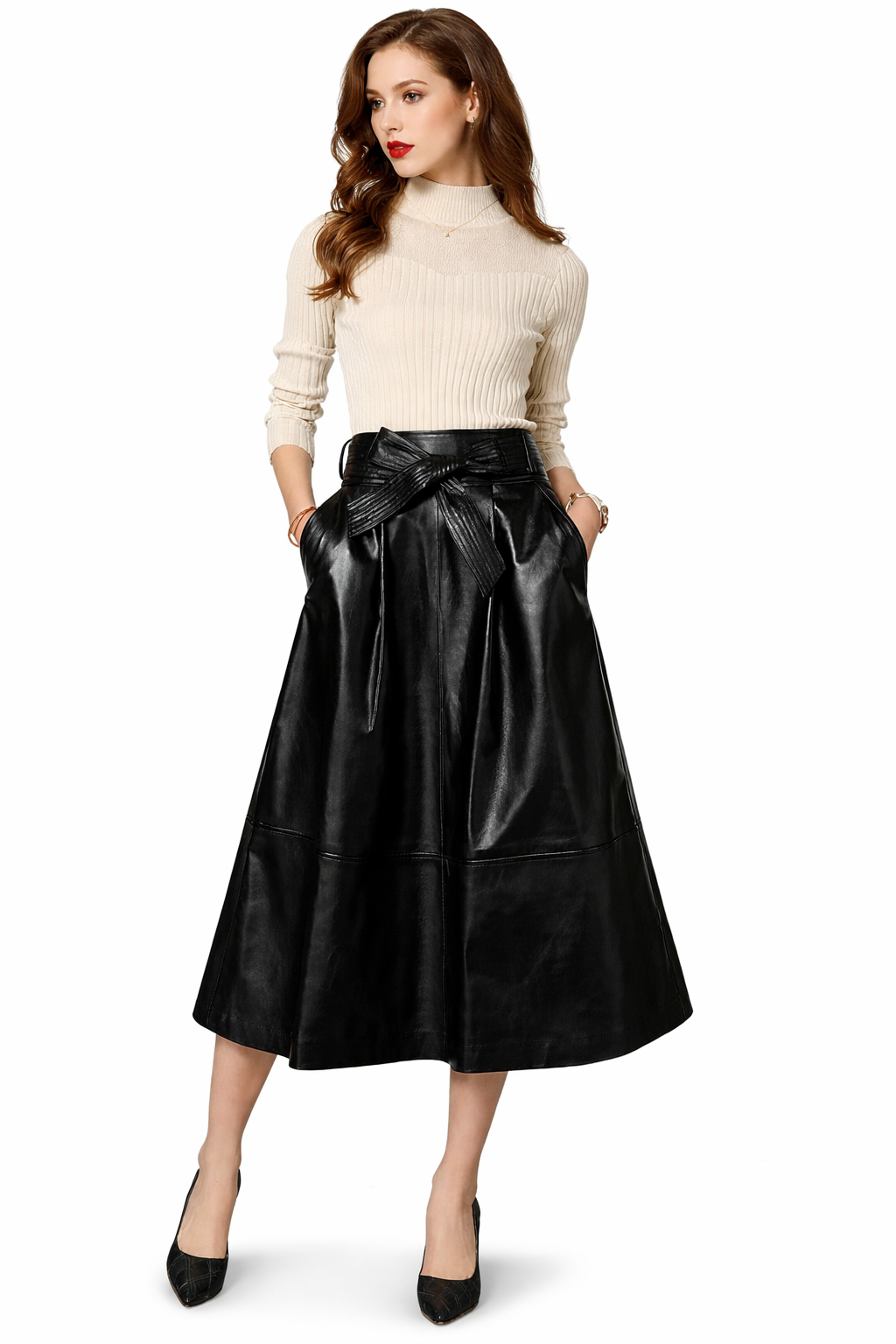 Genuine Lambskin Leather Midi Skirt
