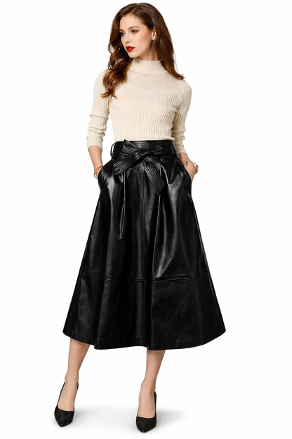 Genuine Lambskin Leather Midi Skirt