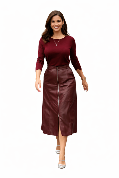 Genuine Lambskin Leather Midi Skirt