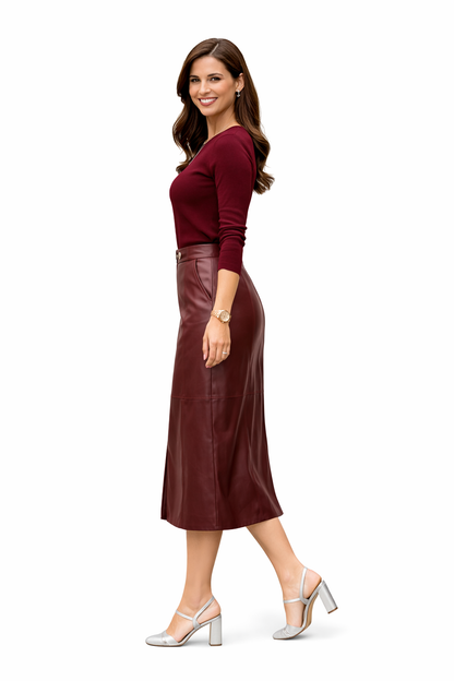Genuine Lambskin Leather Midi Skirt