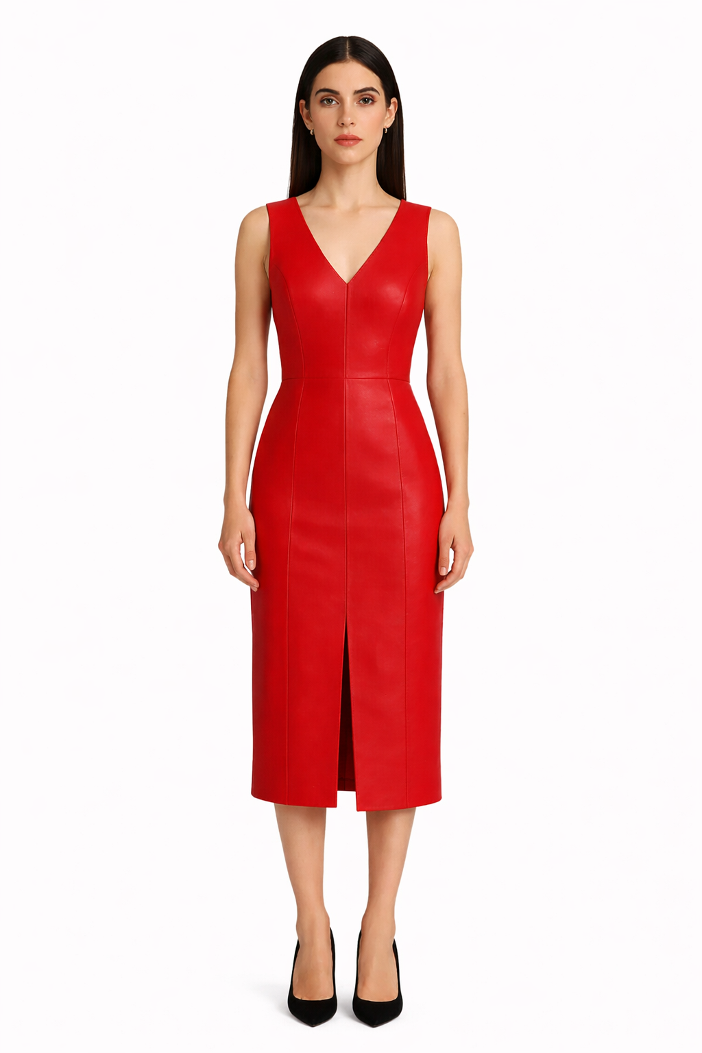 Genuine Lambskin Leather Midi Dress