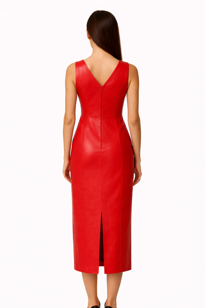 Genuine Lambskin Leather Midi Dress