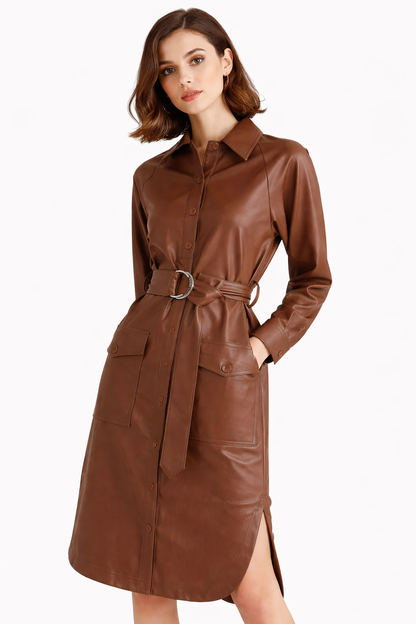 Genuine Lambskin Leather Shirt Dress