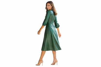 Genuine Lambskin Leather Green Midi Dress
