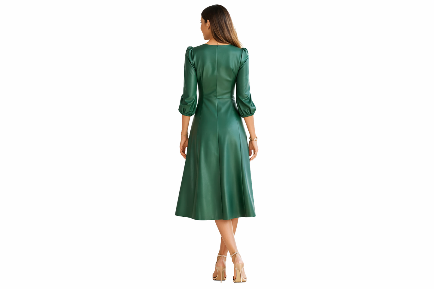 Genuine Lambskin Leather Green Midi Dress