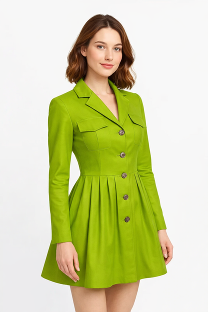 Genuine Lambskin Leather Green Coat Dress