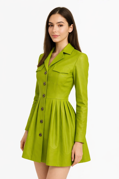 Genuine Lambskin Leather Green Coat Dress