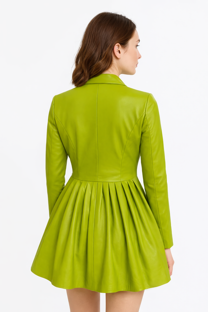 Genuine Lambskin Leather Green Coat Dress