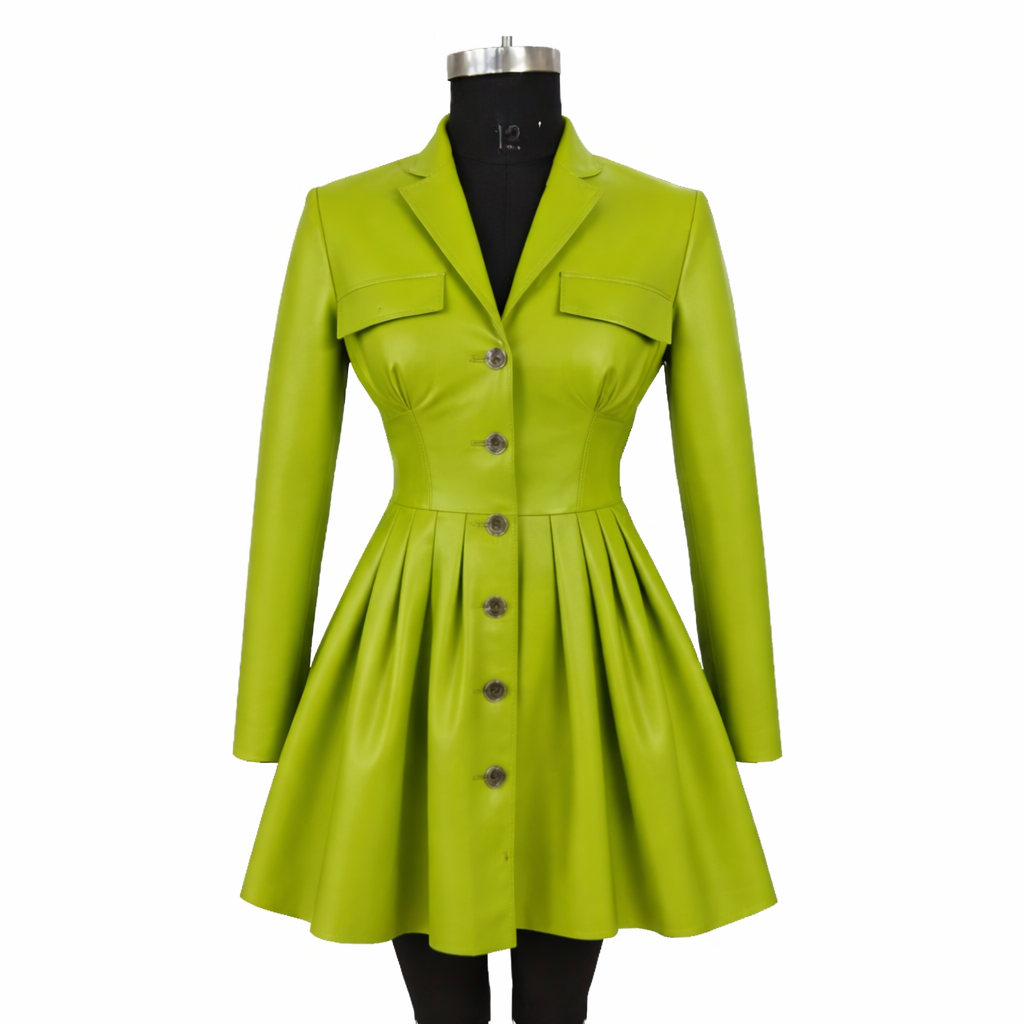 Genuine Lambskin Leather Green Coat Dress