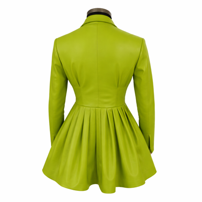 Genuine Lambskin Leather Green Coat Dress