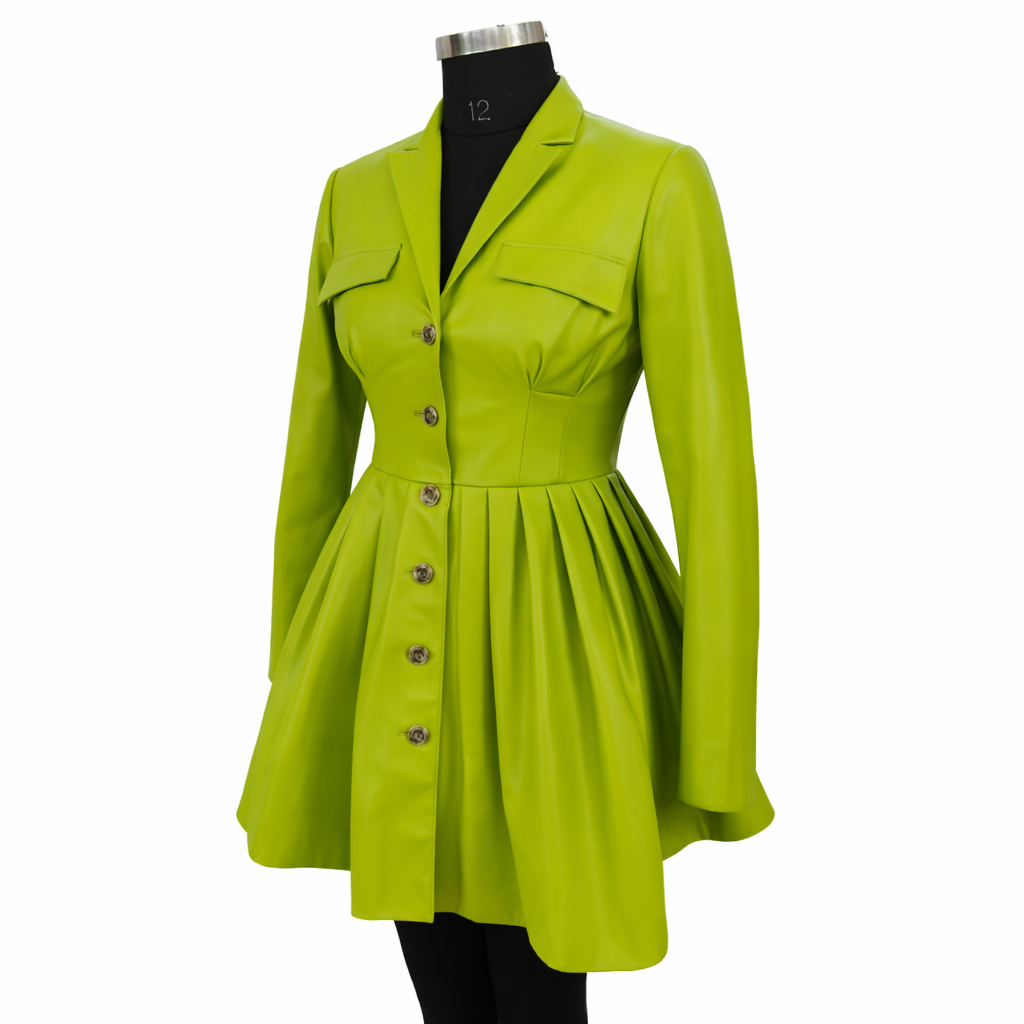 Genuine Lambskin Leather Green Coat Dress